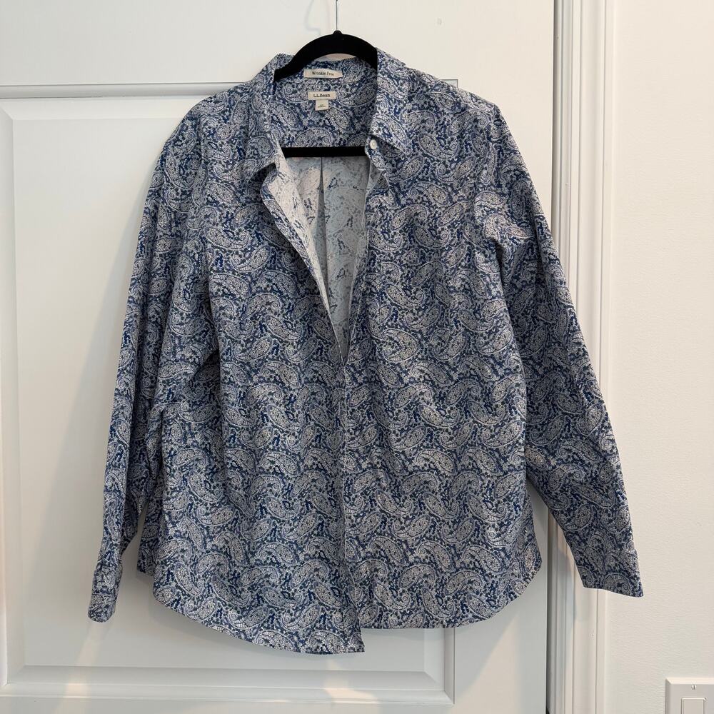 L.L Bean Womens Long Sleeve Botton Up Shirt Blue Paisley Wrinkle Free Size 2X